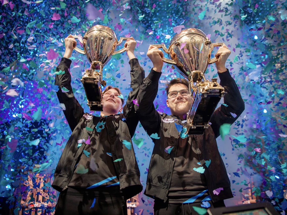 Aqua and Nyhrox celebrating their fortnite world cup win (duos)